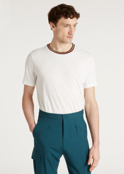 Model Front View - Men's 'Artist Stripe' Collar Cotton T-Shirt Paul Smith