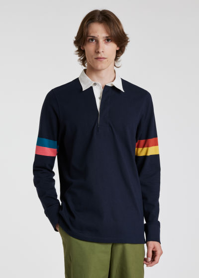 Model View - Men's Navy Rugby Shirt With 'Artist Stripe' Sleeves Paul Smith