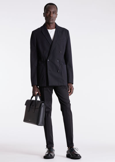 Model View - Men's Black Cotton-Cashmere Single Pleat Trousers Paul Smith