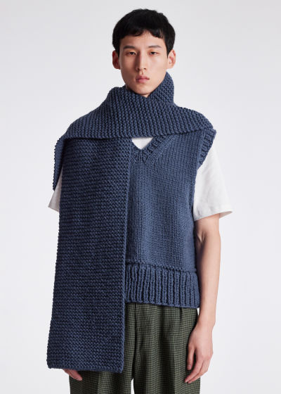 Model View - Dark Blue Hand Knitted Wool Scarf Paul Smith