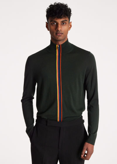 Model View - Men's Dark Green Merino Wool 'Artist Stripe' Cardigan Paul Smith