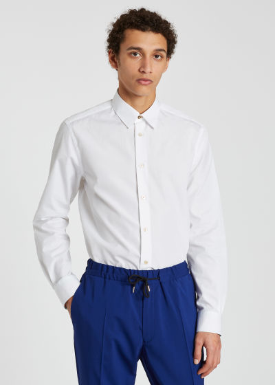 Model View - Men's White Tailored-Fit Soft Collar Cotton Shirt by Paul Smith