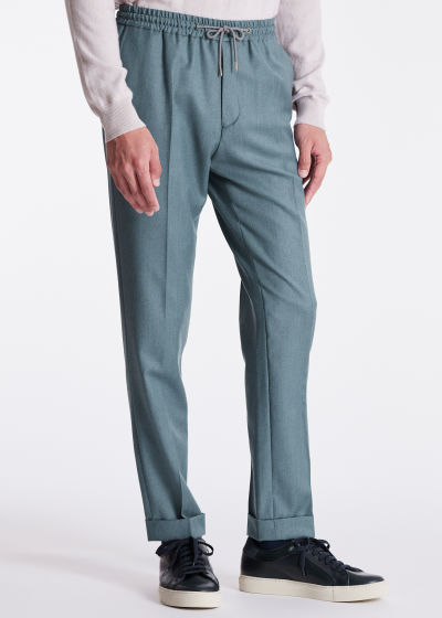 Model View - Men's Teal Wool-Cashmere Drawstring Trousers Paul Smith