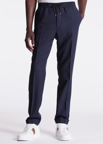 Model View - Navy Hopsack Drawstring-Waist Trousers Paul Smith