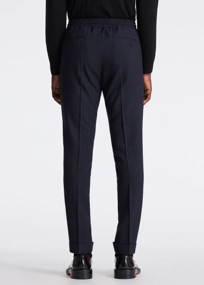 Model View - Men's Slim-Fit Wool-Stretch Navy Check Drawstring Trousers Paul Smith