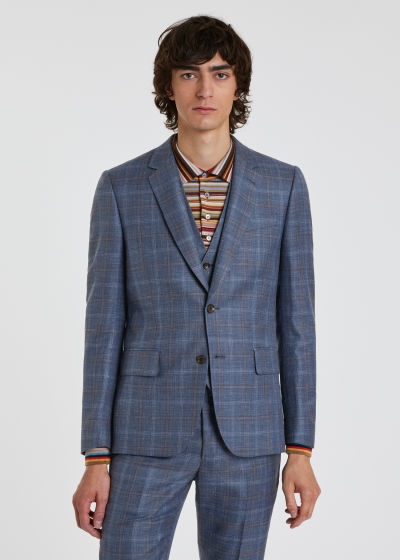 Model View - Men's Tailored-Fit Slate Blue Check Three-Piece Suit Paul Smith