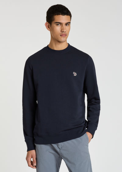 Model View - Men's Dark Navy Organic-Cotton Zebra Logo Sweatshirt by Paul Smith