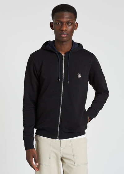 Model Front View - Men's Black Organic-Cotton Zip-Front Zebra Logo Hoodie Paul Smith