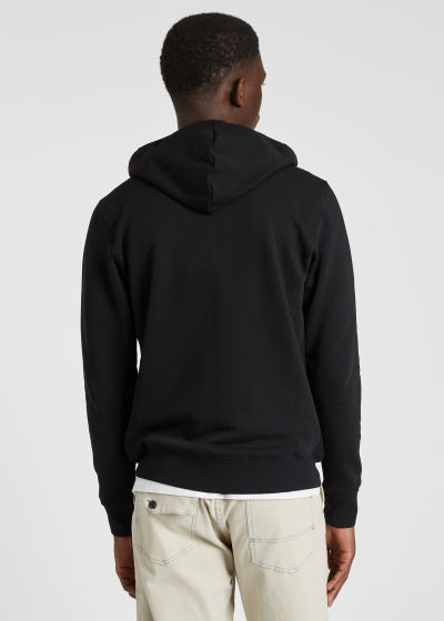 Model Back View - Men's Black Organic-Cotton Zip-Front Zebra Logo Hoodie Paul Smith