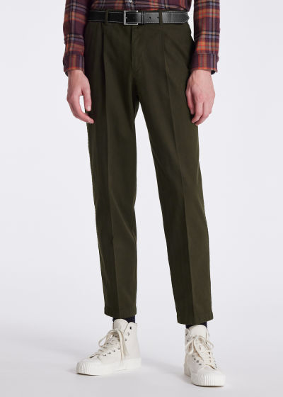 Model View - Khaki Herringbone-Twill Tapered-Fit Pleated Trousers Paul Smith