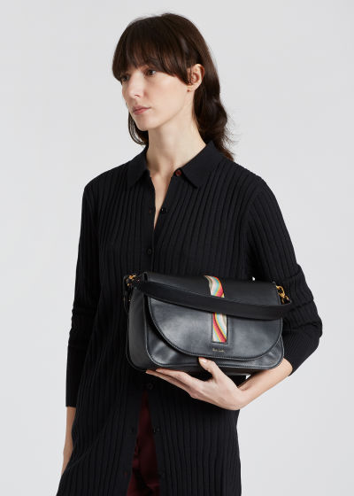 Model View - Women's Black Medium Saddle Bag With 'Swirl' Grosgrain Paul Smith