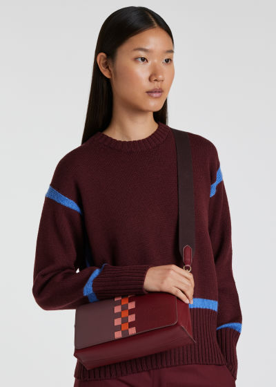 Model View - Women's Burgundy Leather 'Screen Check' Cross-Body Bag Paul Smith