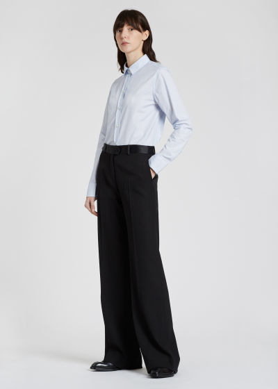 Women's Slim-Fit Light Blue Pinstripe Cotton Shirt by Paul Smith model shot full length view