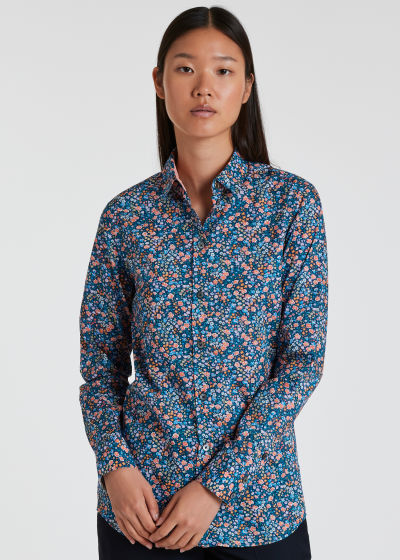Model View - Women's Dark Blue 'Liberty' Cotton Shirt Paul Smith