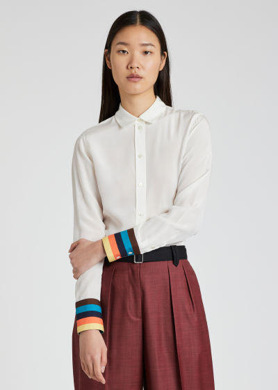Model Front View - Women's Slim-Fit Cream Silk Shirt With 'Artist Stripe' Cuff Paul Smith