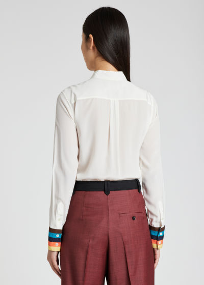 Model Back View - Women's Slim-Fit Cream Silk Shirt With 'Artist Stripe' Cuff Paul Smith