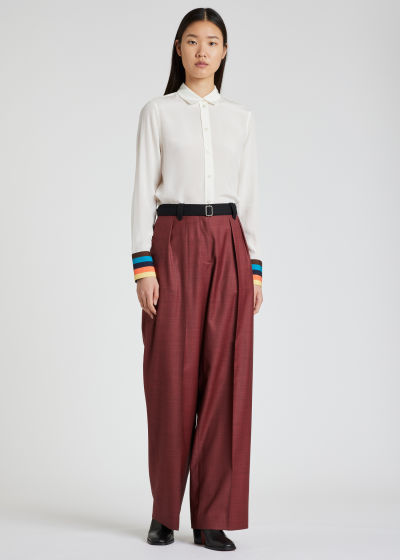 Model View - Women's Slim-Fit Cream Silk Shirt With 'Artist Stripe' Cuff Paul Smith