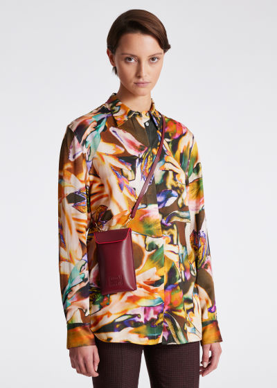 Model View - Women's Orange Satin 'Solarised Floral' Long-Sleeve Shirt Paul Smith