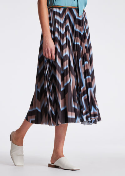 Model View - Women's Beige and Blue Zig Zag Pleated Skirt Paul Smith