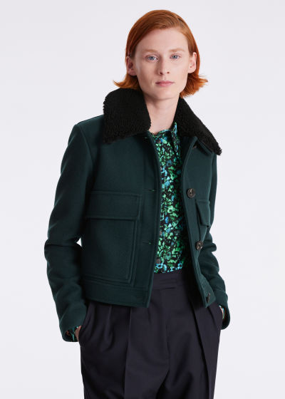 Model View - Bottle Green Shearling Collar Cropped Jacket Paul Smith