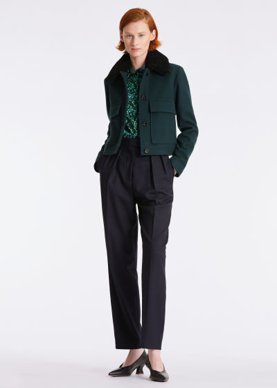 Model View - Bottle Green Shearling Collar Cropped Jacket Paul Smith