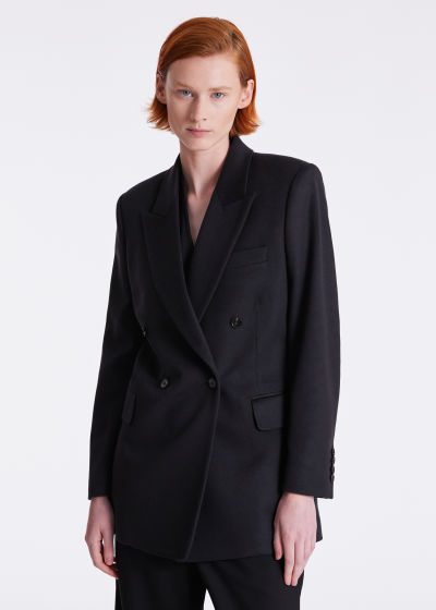 Model View - Women's Navy Wool-Cashmere Double-Breasted Tailored Coat Paul Smith