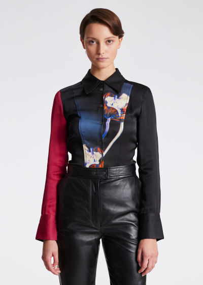 Model View - Women's Black Slim-Fit 'Shadow Floral' Satin Shirt Paul Smith