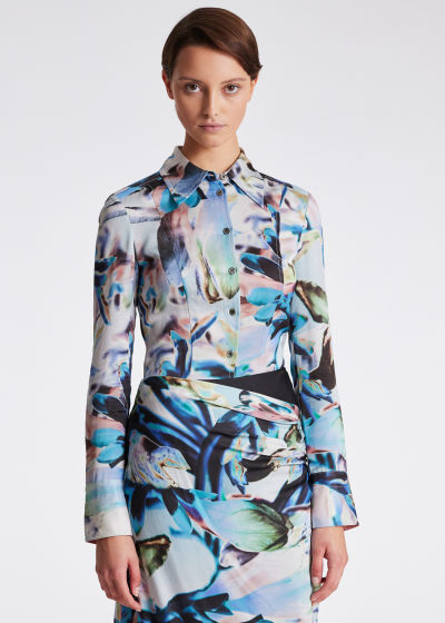 Model View - Women's Slim-Fit Satin 'Solarised Floral' Shirt Paul Smith