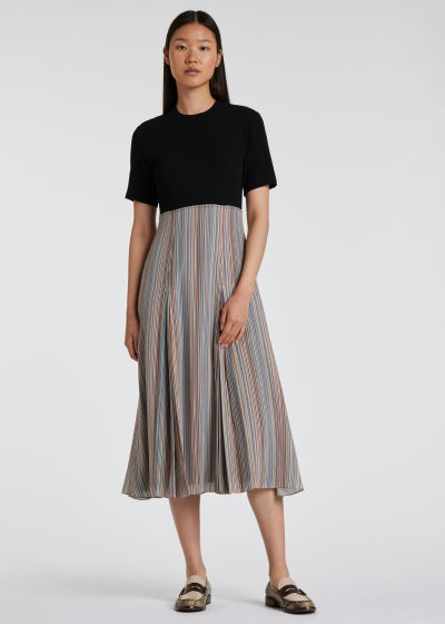 Model View - Women's Black Silk 'Signature Stripe' Midi Dress Paul Smith