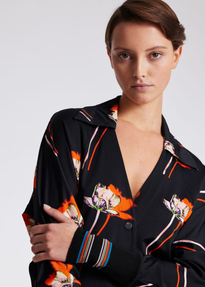 Model View - Black 'Shadow Floral' Midi Length Shirt Dress Paul Smith