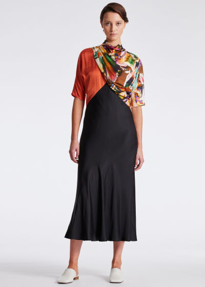 Model View - Women's Satin 'Solarised Flowers' Midi Dress Paul Smith