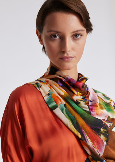 Model View - Women's Satin 'Solarised Flowers' Midi Dress Paul Smith