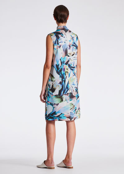 Model View - Women's Blue 'Solarised Flowers' Tie Neck Dress Paul Smith