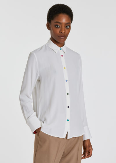 Model View - Women's Cream Silk-Blend Multi-Coloured Button Shirt Paul Smith