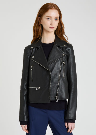 Model Front View - Women's Black Leather Biker Jacket With Zip Pockets by Paul Smith