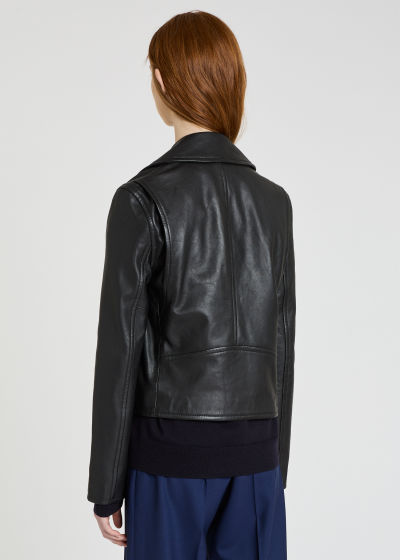 Model Back View - Women's Black Leather Biker Jacket With Zip Pockets by Paul Smith