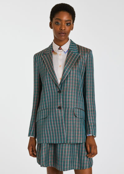 Model View - Women's Teal and Pink Gingham Blazer Paul Smith