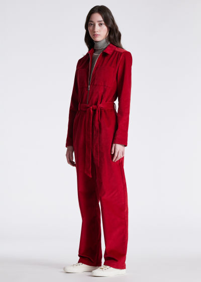 Model View - Women's Red Cord Zip Up Jumpsuit