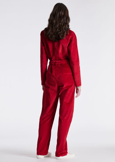 Model View - Women's Red Cord Zip Up Jumpsuit