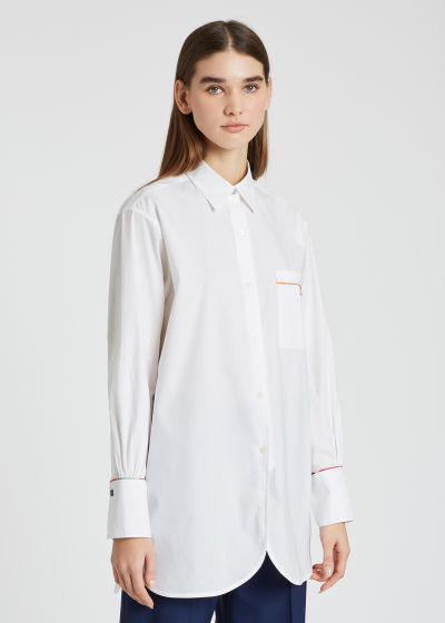 Model Front View - Women's White Oversized Shirt With 'Swirl' Piping Paul Smith