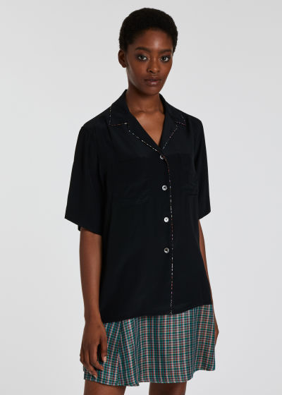 Model View - Women's Black Silk Mix Shirt With Daisy Stripe Paul Smith
