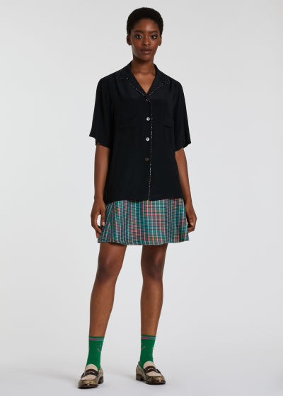 Model View - Women's Black Silk Mix Shirt With Daisy Stripe Paul Smith