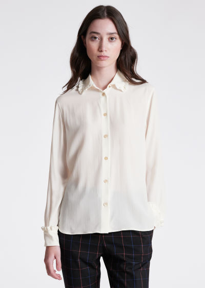 Model View - Cream Silk-Blend Frill Collar Shirt Paul Smith