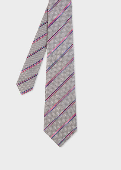 Front View - Grey Silk Pink Stripe Tie Paul Smith