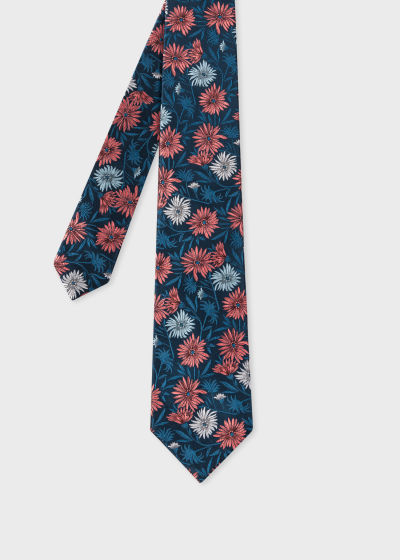 폴스미스 Paulsmith Navy and Coral Floral Silk Tie