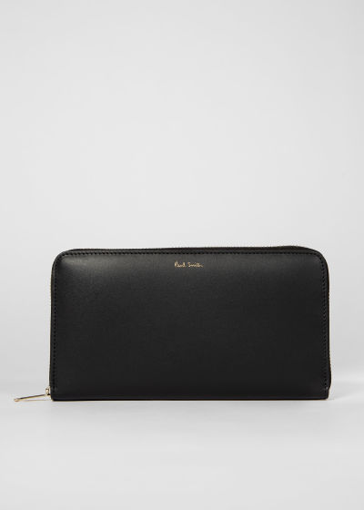 Large Black Leather Signature Stripe Zip-Around Wallet
