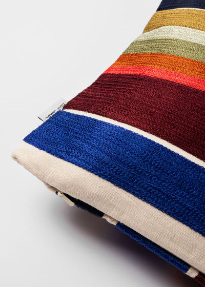 Detail View - Ecru Embroidered 'Signature Stripe' Bolster Cushion Paul Smith