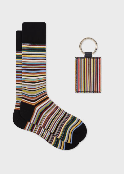 폴스미스 Paulsmith Mens Signature Stripe Socks & Leather Keyring Gift Set