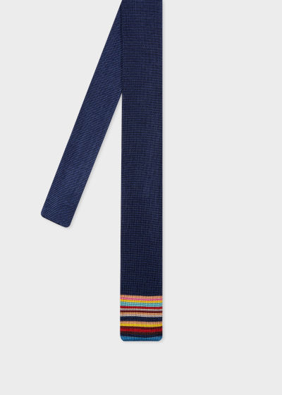 Front view - Men's Navy 'Signature Stripe' Tip Knitted Silk Tie Paul Smith