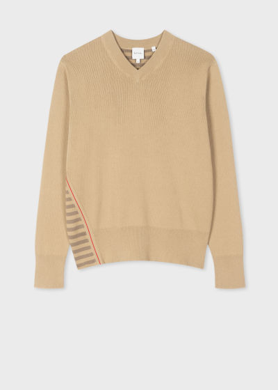 폴스미스 Paulsmith Camel V-Neck Ribbed Cotton-Blend Sweater